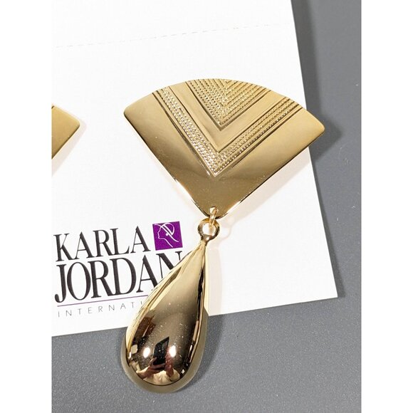 Vintage Karla Jordan Gold Tone Asian Style Fan Charm Bold Clip Earrings Unique - Picture 2 of 5